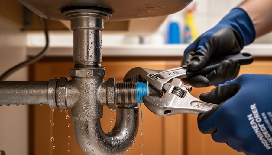 Hands using pipe wrench to repair leaky pipe joint under kitchen sink