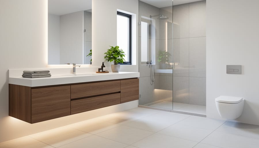 Modern floating bathroom vanity with vessel sink and black fixtures mounted on gray wall