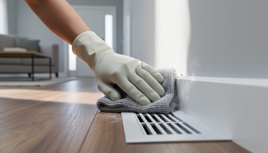 Low-angle close-up of a gloved hand using a microfiber cloth to wipe dust from a white baseboard and floor vent cover, with a neat modern living room softly blurred in the background.
