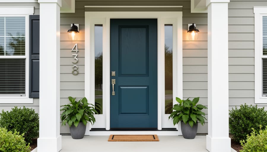 Navy blue front door with modern brass house numbers and black outdoor light fixture