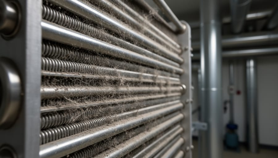 Close-up of HVAC heat exchanger fins showing dust buildup and corrosion