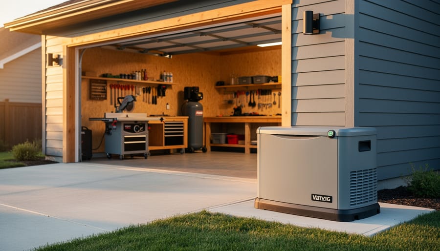 Standby generator beside a suburban home at golden hour with an open garage in the background showing a cabinet table saw and large air compressor, indicating potential higher power needs.