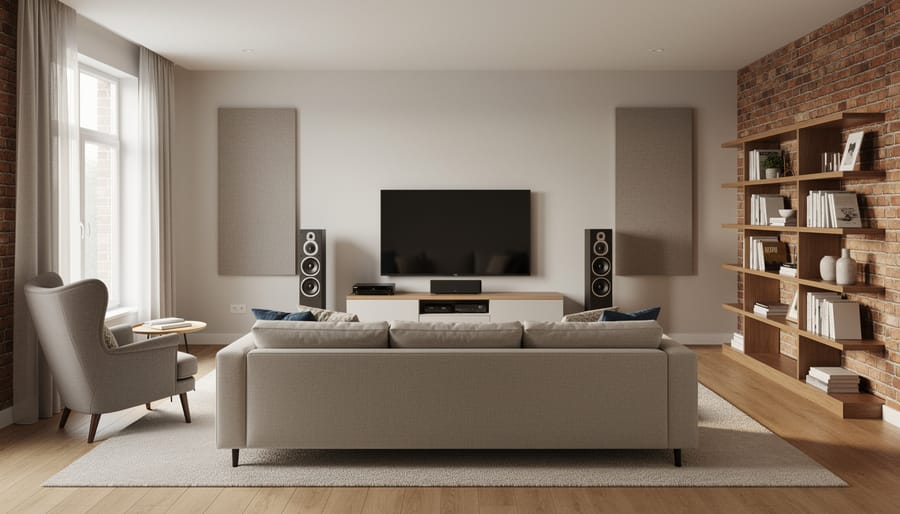 Modern home theater room with acoustic treatments and speaker placement