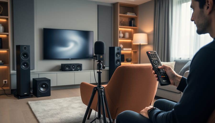 Home theater calibration scene with a tripod measurement microphone at head height in the main listening chair, person holding an AV receiver remote, and front speakers plus subwoofer around a wall-mounted TV in warm, soft daylight.