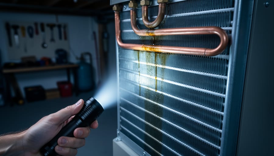 Close-up of a person using a flashlight to inspect aluminum fins and copper refrigerant lines inside a residential HVAC heat exchanger, with faint oily residue near the fittings and a blurred utility room in the background.