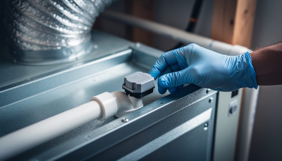 Close-up of an HVAC air handler’s condensate drain pan showing a float safety switch and PVC drain tee, with a gloved technician’s hand inspecting the switch; blurred ductwork and unit housing in the attic background.
