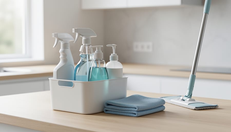 Minimal cleaning caddy on a light wood kitchen counter with unlabeled spray bottles, dish soap, bathroom cleaner, folded microfiber cloths, and a mop with a washable pad, lit by soft natural daylight in a bright, blurred kitchen background.