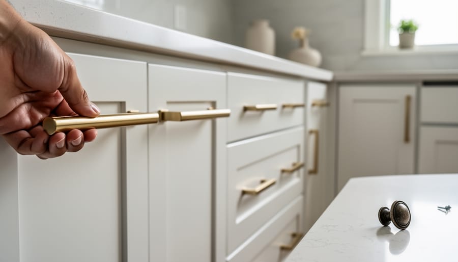 Modern brushed gold cabinet pulls and handles on white countertop