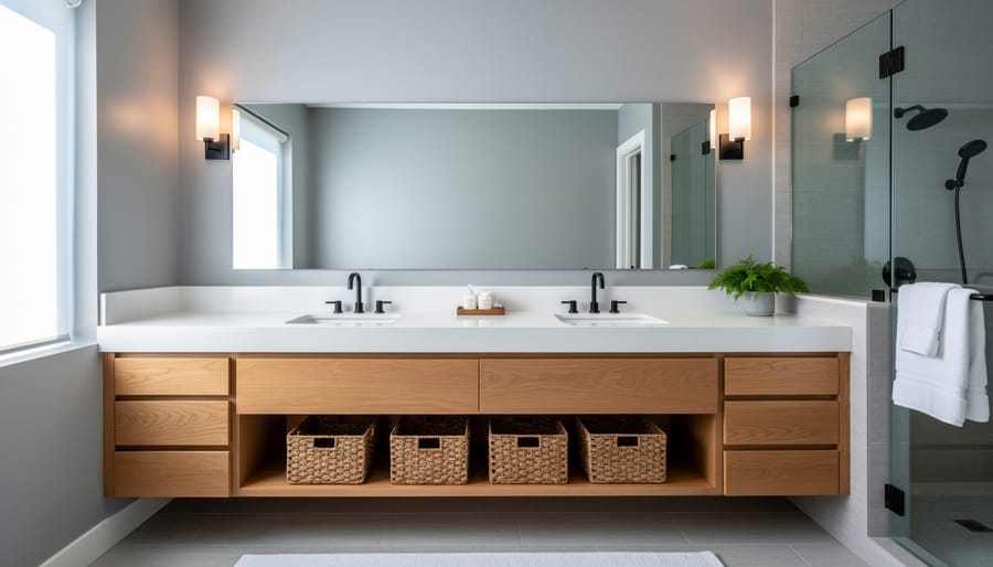 Floating oak double-sink bathroom vanity with white quartz countertop, undermount sinks, matte black faucets, frameless mirror, and sconces, with a glass walk-in shower and light gray tile in the background.