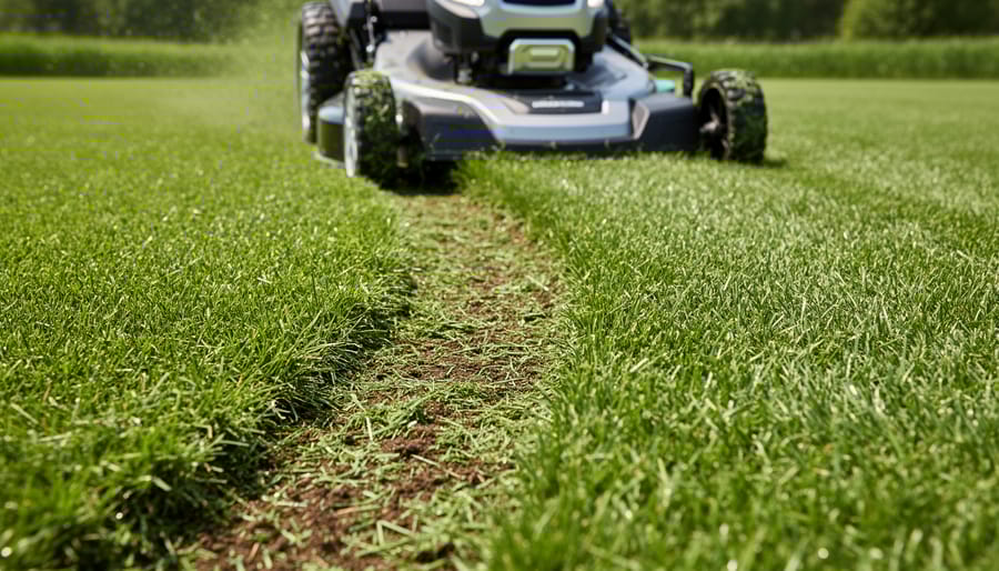 Close-up of healthy green grass with fine mulched clippings visible among turf blades