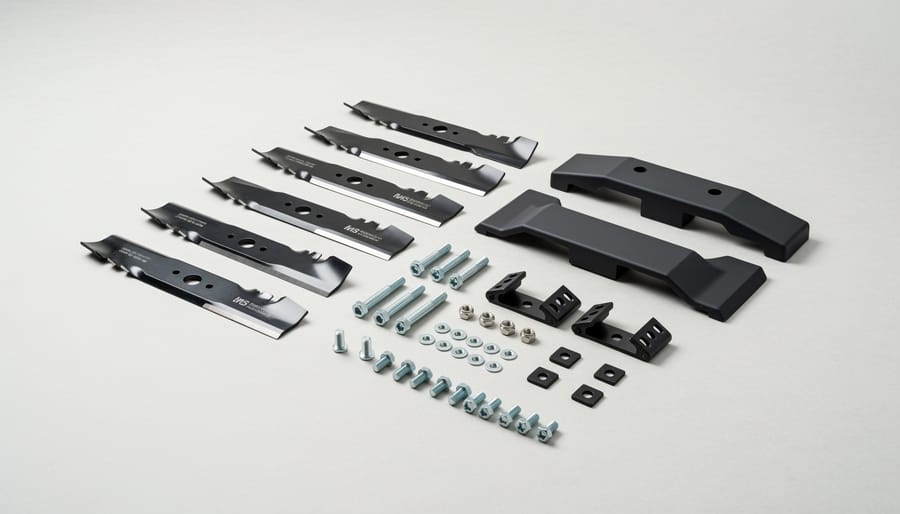 Zero turn mower mulching kit components including curved blades and discharge blocker plate