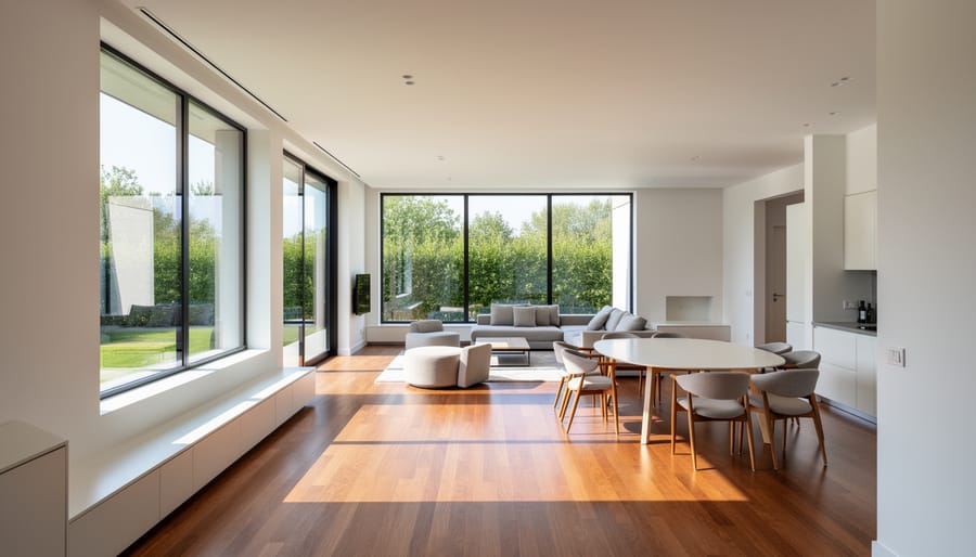 Modern open-concept home interior with natural light from strategically placed windows