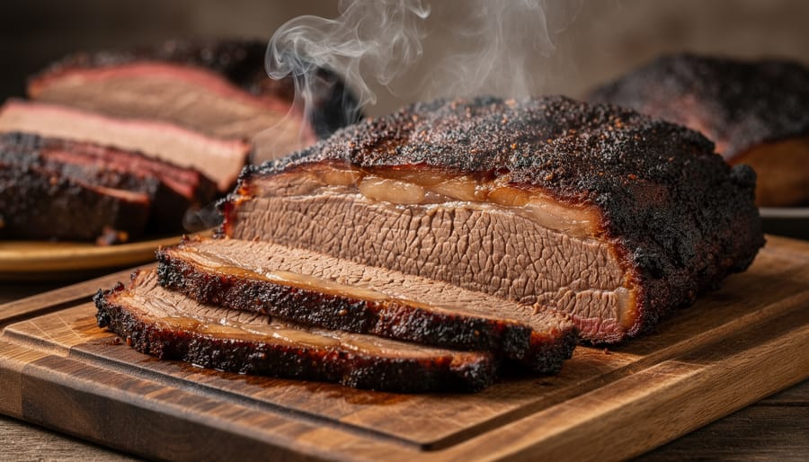 Smoked beef brisket with dark crust on cutting board showing oak smoking results