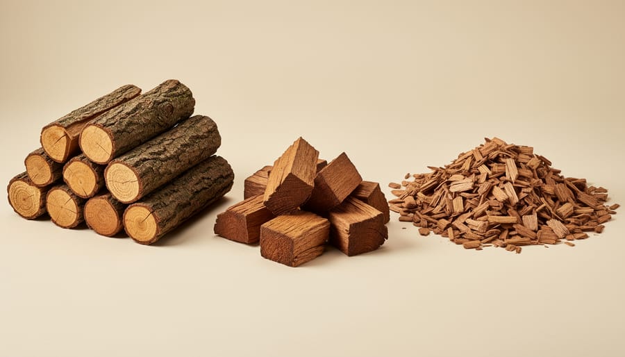 Three forms of oak wood showing logs, chunks, and chips side by side