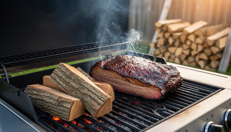 Open charcoal grill with fist-sized oak chunks producing thin blue smoke around a beef brisket at golden hour, with a blurred backyard and stacked seasoned oak splits in the background.