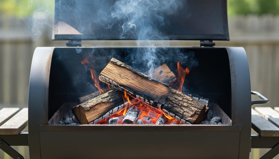 Thin blue smoke rising from oak wood chunks on a grill