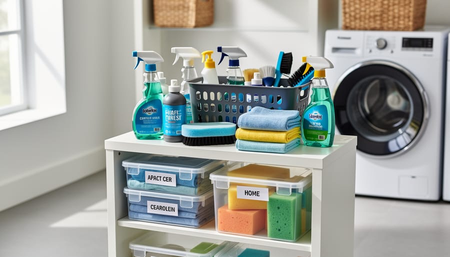 Organized cleaning supplies including cloths, spray bottles, and brushes arranged overhead