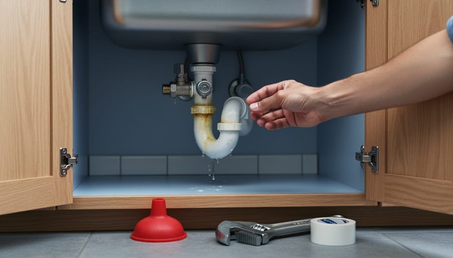 Open kitchen sink cabinet with a hand reaching for the shutoff valve next to a damp P-trap showing droplets and discoloration, with a plunger, pipe wrench, and plumber’s tape on the floor and a softly blurred kitchen background.