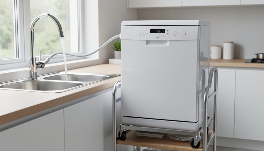 White portable dishwasher on wheels positioned next to kitchen sink with connection hose