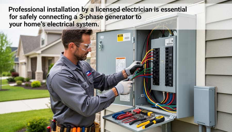 Licensed electrician installing generator transfer switch on residential home exterior