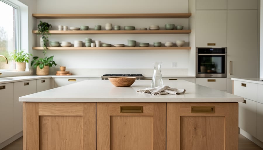 Modern rustic kitchen at eye level featuring a natural oak island with a honed stone countertop and brushed brass hardware, softly lit by daylight from a left window, with blurred open shelves holding handmade ceramics and greenery in the background.