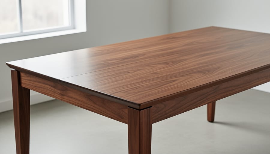 Refinished wood veneer table showing smooth glossy finish and natural wood grain