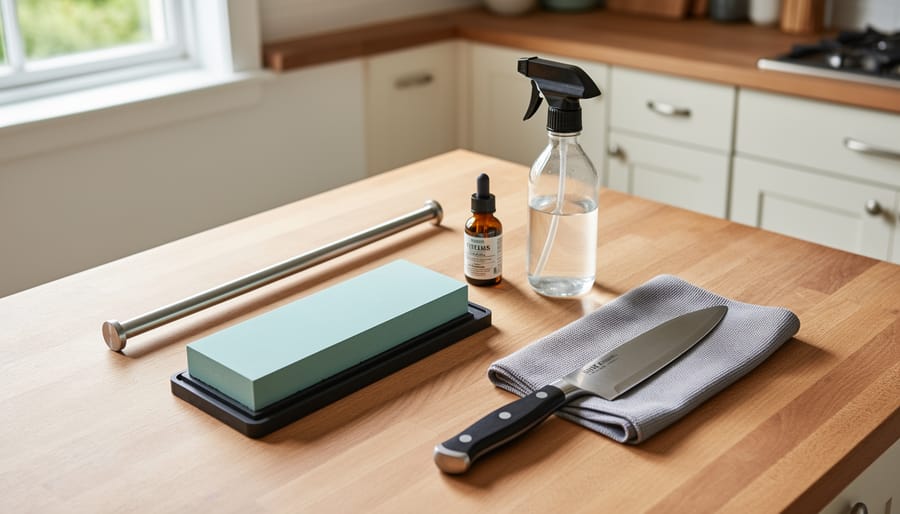 Overhead view of X-Acto knife sharpening tools and materials laid out on workbench