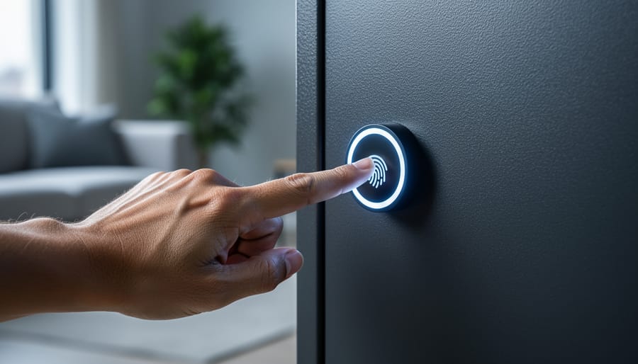 Hand pressing an illuminated fingerprint reader on a matte-black home safe with a blurred contemporary living room in the background.