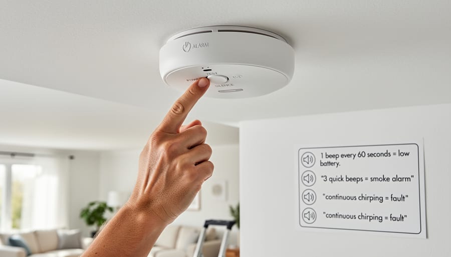 Close-up view of white smoke detector on ceiling showing reset button and indicator lights