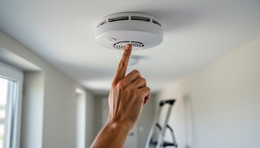 Hand pressing the test button on a ceiling-mounted white smoke detector, viewed from a low angle with a stepladder and hallway in soft focus.