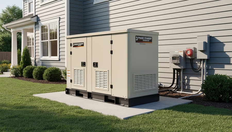 Three-phase standby generator unit installed outside residential home
