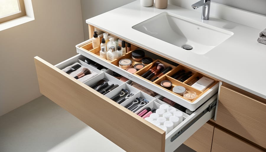 Open bathroom vanity drawer showing organized storage compartments with dividers