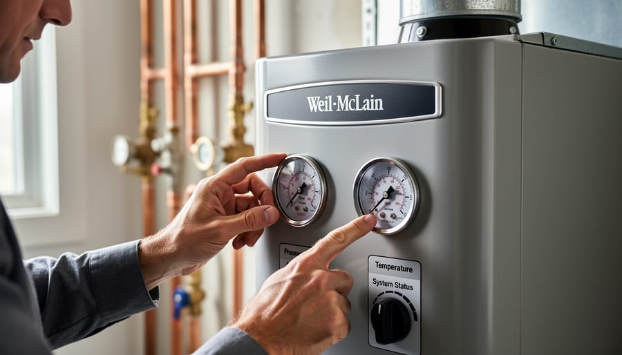 Weil-McLain boiler control panel showing pressure gauge and temperature display
