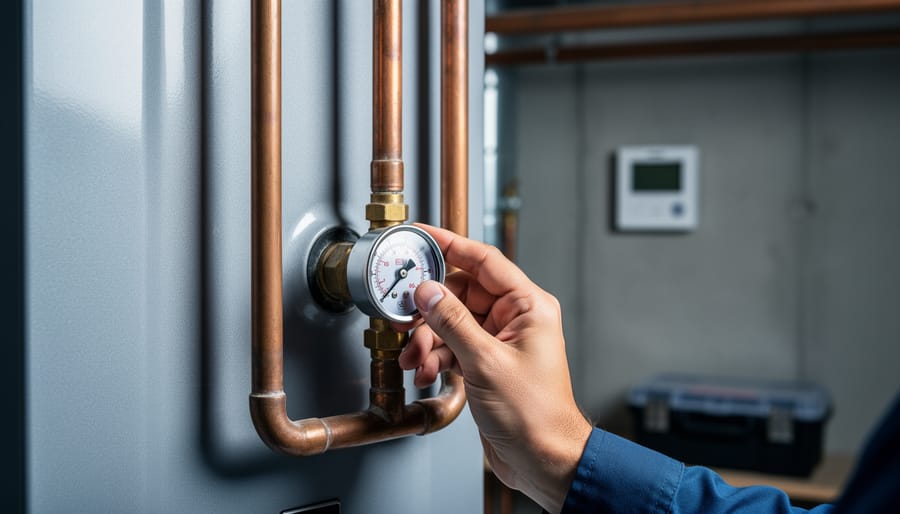 Close-up of a homeowner’s hand inspecting a residential gas boiler pressure gauge beside copper pipes, with a blurred thermostat and toolbox in a basement background, no visible logos or readable text.