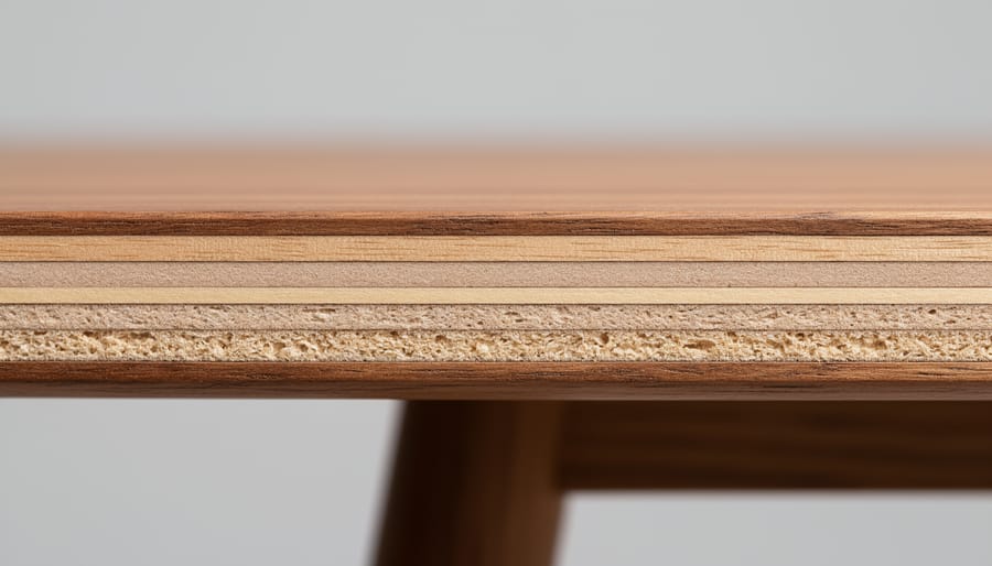 Close-up of wood veneer table edge showing thin veneer layer over substrate