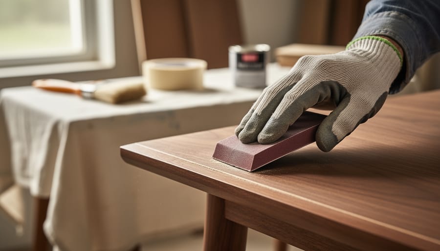 Gloved hand lightly sanding the thin edge of a walnut wood veneer tabletop with a fine-grit sanding block under soft natural window light, with blurred workshop tools in the background.