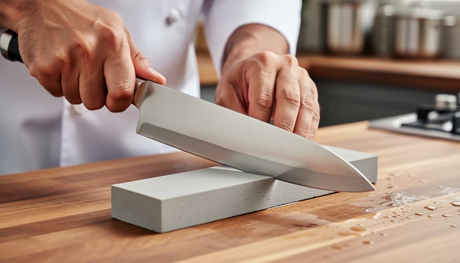 Hands demonstrating proper angle technique for sharpening X-Acto knife on sharpening stone