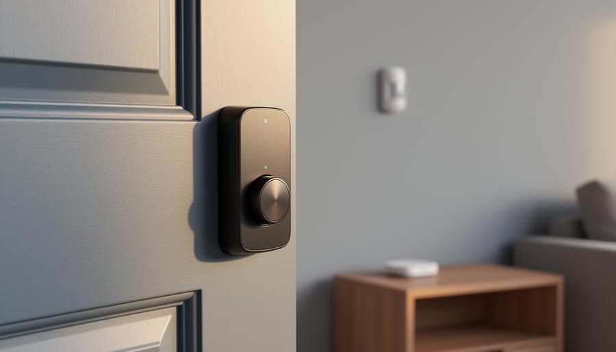 Close-up of an unbranded smart deadbolt on a modern front door, photographed from inside at a slight angle, with a wall-mounted motion sensor and compact smart home hub softly blurred in a sunlit living room background.