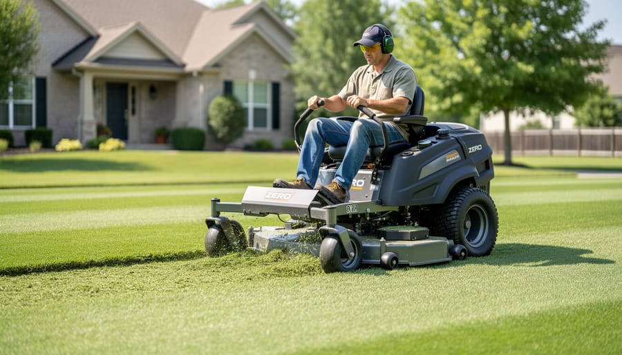 Homeowner standing with zero turn mower on freshly mulched lawn showing striped pattern