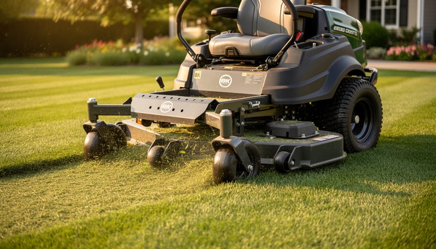 Ground-level view of a zero-turn mower with a mulching kit scattering fine grass clippings over a vibrant, striped lawn at golden hour, with a softly blurred suburban yard, trees, and flowerbeds in the background.