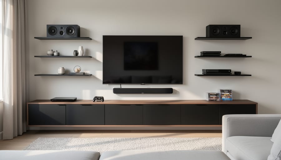Wall-mounted TV with swivel bracket and organized entertainment center with concealed storage and cable management