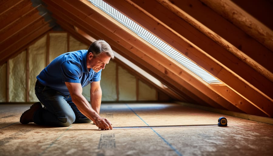 Homeowner kneeling in an unfinished attic uses a tape measure across the floor; light streams through a ridge vent along the peak and soffit vents at the eaves, with rafters, ventilation baffles, and insulation visible.