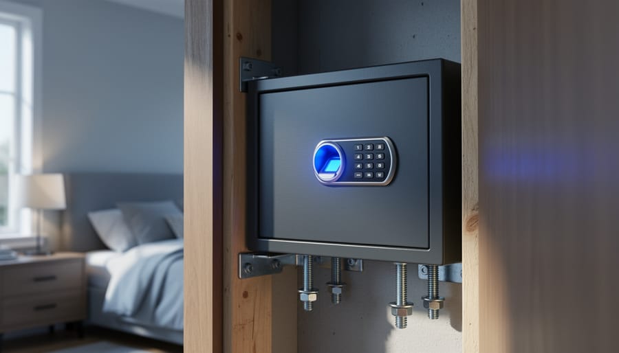 Biometric gun safe mounted in a bedroom closet with visible anchor bolts into wall studs and a softly glowing fingerprint scanner, with a blurred bedroom and nightstand in the background under gentle natural light.