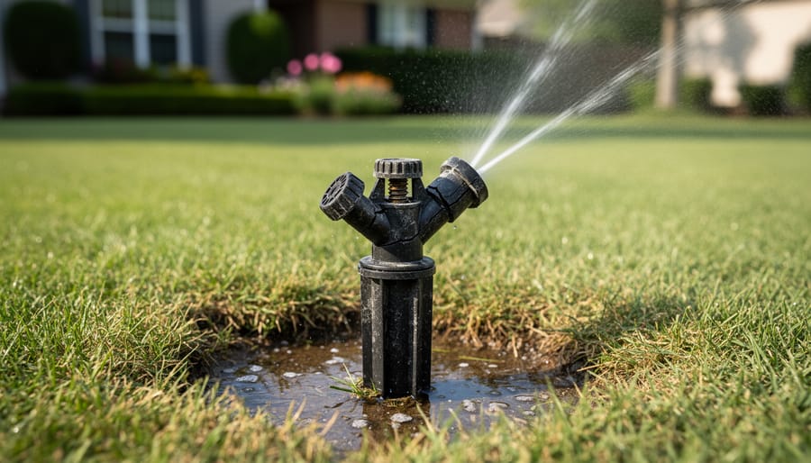 Close-up of broken Orbit sprinkler head with visible cracks held over green lawn