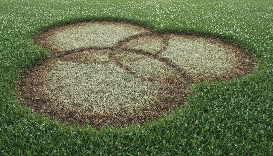 Close-up of brown patch disease showing circular pattern in lawn grass