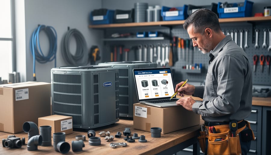 HVAC technician measuring a new outdoor condenser and air handler on a workbench while viewing an online store on a laptop, with duct fittings and open shipping boxes in a softly lit workshop and blurred shelves in the background.