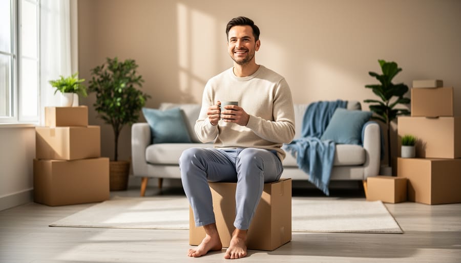 Relaxed homeowner seated on a closed moving box in a bright, neatly staged living room with soft natural light, with a blurred sofa and houseplants in the background, conveying a calm approach to selling a home.