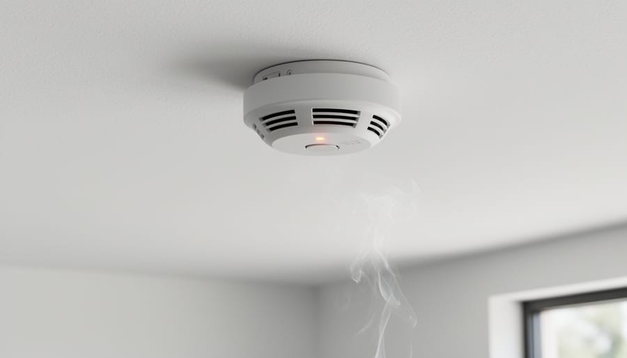 White smoke detector mounted on ceiling with green indicator light