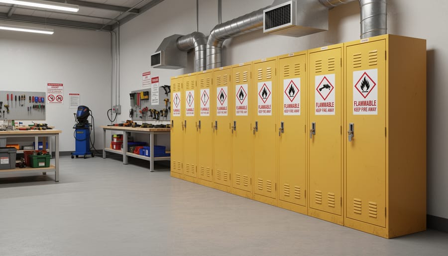 Metal flammable storage cabinet containing organized paint cans and chemical containers