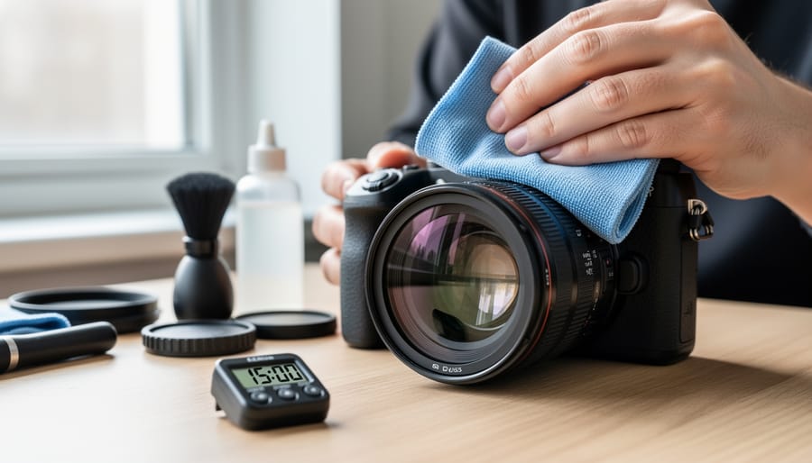Person cleaning security camera lens with microfiber cloth during routine maintenance